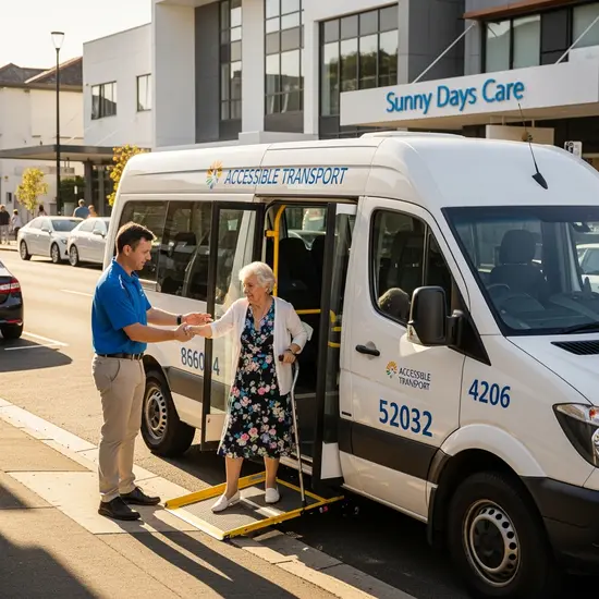 Kleinbus bringt Seniorin zur Tagespflege, Fahrer hilft beim Einsteigen, barrierefreies Fahrzeug.