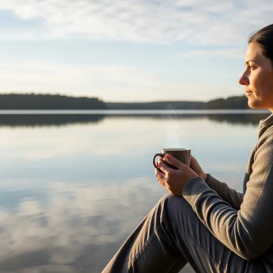 Pflegende Angehörige entspannt am Seeufer sitzend, hält eine Tasse Kaffee, kurze Auszeit vom Pflegealltag.
