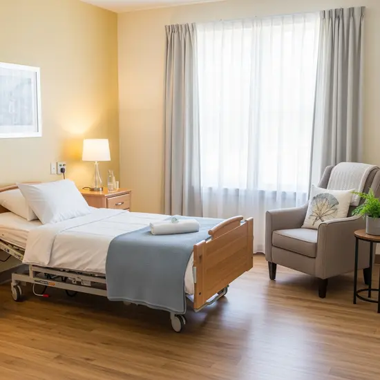 Helles Zimmer einer Kurzzeitpflegeeinrichtung mit Pflegebett, Nachttisch und bequemer Sitzgelegenheit, freundliche Atmosphäre.