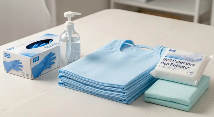 Set aus Pflegehilfsmitteln auf Tisch: Einmalhandschuhe, Desinfektionsmittel, Schutzschürzen, Bettschutzeinlagen, sauber arrangiert.