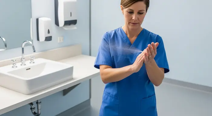 Pflegekraft desinfiziert Hände vor Pflegehandlung, Waschbecken im Hintergrund, hygienische Umgebung.