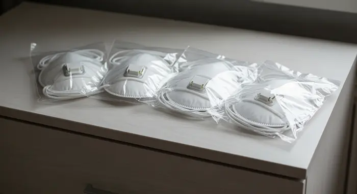 Mehrere FFP2-Masken liegen ordentlich auf einer Kommode, neutrale Verpackung ohne lesbaren Text.