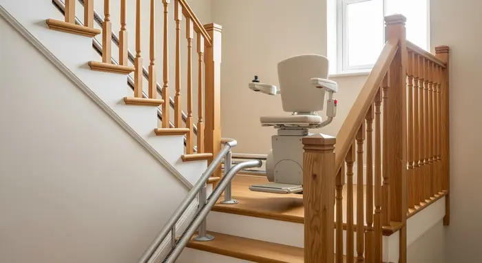 Treppenlift an einer Holztreppe in einem Einfamilienhaus, neutral gestaltet, klare Linien.