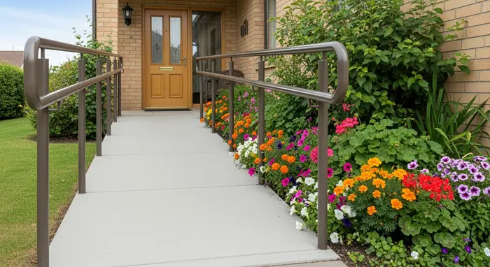 Flache Rampe vor Hauseingang mit Geländer, barrierefreier Zugang, Blumenbeet daneben.