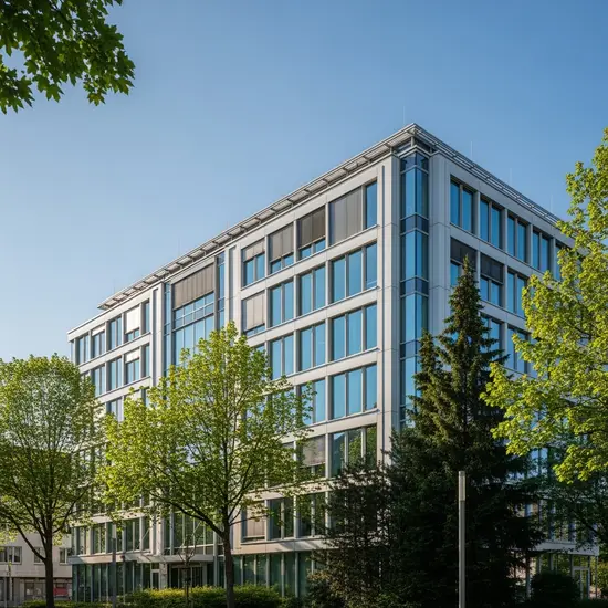 Außenansicht eines modernen Bürogebäudes in Würzburg mit grünen Bäumen und blauem Himmel, neutraler Gebäudefront ohne lesbare Beschilderung.