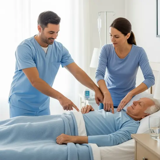 Pflegeberater zeigt Angehöriger hilfreiche Handgriffe am Bett eines Seniors, praktische Anleitung.