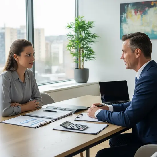 Pflegende Tochter bespricht Rentenfragen mit Berater in modernem Beratungsraum, Unterlagen und Taschenrechner auf dem Tisch.