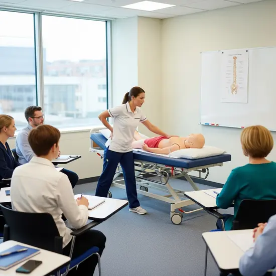Pflegekurs im Seminarraum: Trainerin demonstriert rückenschonendes Heben an Pflegepuppe, kleine Gruppe schaut zu.