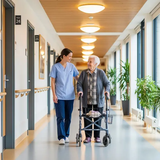 Pflegekraft begleitet Senior im Flur eines Pflegeheims, helle Beleuchtung, freundliche Atmosphäre.