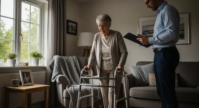 Medizinischer Gutachter besucht Seniorin zuhause, prüft Mobilität im Wohnzimmer, Klemmbrett und Stift, unaufdringliche Szene.