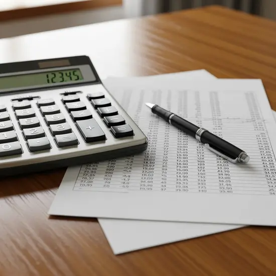 Nahaufnahme von Taschenrechner, Stift und Unterlagen mit Zahlenkolonnen auf einem Holztisch, neutrale Darstellung.