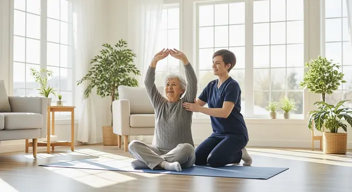 Senior führt einfache Bewegungsübungen mit Unterstützung durch, helle Wohnung, ruhige Atmosphäre.