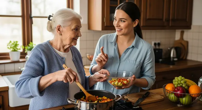 Alltagssituation: Seniorin kocht mit Hilfe einer Angehörigen, Fokus auf Selbstständigkeit und soziale Interaktion.