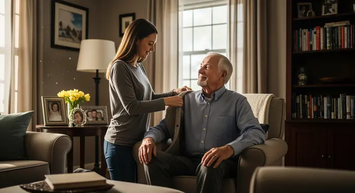 Tochter unterstützt älteren Vater beim Anziehen im Wohnzimmer, warme Beleuchtung, häusliche Pflegesituation.