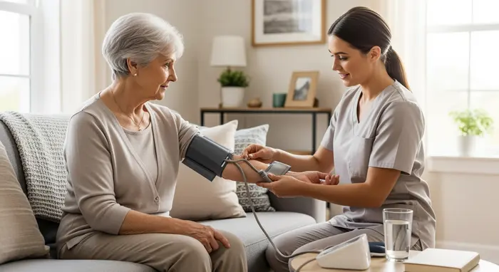 Ambulanter Pflegedienst versorgt Seniorin auf dem Sofa, Blutdruckmessung, freundliche Pflegekraft in neutraler Kleidung.