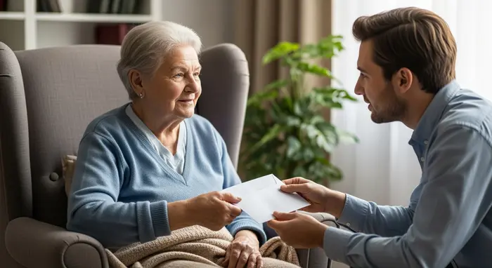 Pflegebedürftiger erhält Umschlag von Angehöriger als symbolische Anerkennung, respektvolle Szene ohne sichtbaren Geldschein.