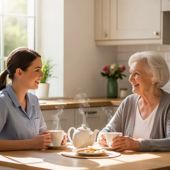 Alltagsbegleiterin trinkt Tee mit Seniorin am Küchentisch, freundliche Unterhaltung, helles Tageslicht.
