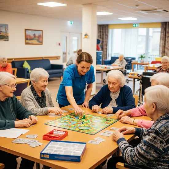 Tagespflegeeinrichtung mit gemeinsamen Aktivitäten: Senioren spielen ein Brettspiel, betreut von Pflegekraft.