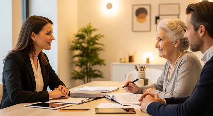 Beratungsgespräch: Pflegeberaterin spricht mit Seniorin und Sohn am Tisch, freundliche Atmosphäre, Unterlagen und Stifte liegen bereit, modernes Büro mit warmem Licht.