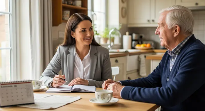 Pflegeberaterin besucht Senior zu Hause: Gespräch am Küchentisch, Notizblock und Kalender, warme Wohnküche.