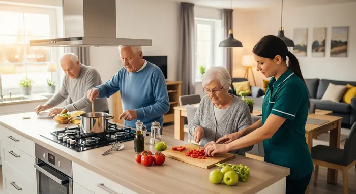 Wohngruppe Alltag: Drei Senioren kochen gemeinsam in offener Wohnküche, Betreuungskraft hilft beim Schneiden von Gemüse, freundliche Gemeinschaftsatmosphäre.
