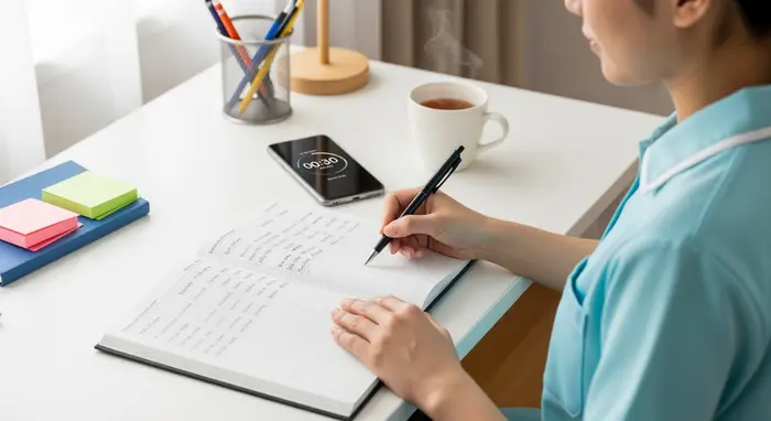 Pflegeperson koordiniert mehrere Aufgaben: Notizbuch mit Pflegezeiten, Smartphone mit Timer, ruhiger Schreibtisch mit Tee.