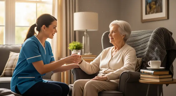 Seniorin erhält leichte Unterstützung: Pflegekraft reicht Wasser und lächelt, gemütliches Wohnzimmer, entspannte Stimmung.