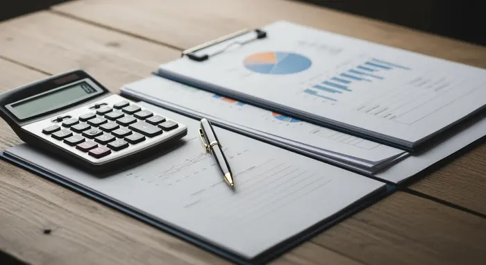 Symbolbild Finanzen: Taschenrechner, Stift und Unterlagen auf Holztisch, neutrale Szene ohne lesbare Zahlen.