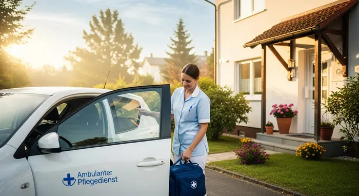 Ambulanter Pflegedienst: Pflegekraft im Auto parkt vor Wohnhaus, trägt Pflegetasche, freundlicher Morgen.