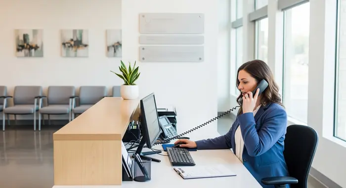Moderne Empfangssituation einer Krankenkasse: Mitarbeiterin am Telefon, aufgeräumter Tresen, dezente Beschilderung ohne lesbaren Text, helle Räumlichkeiten.
