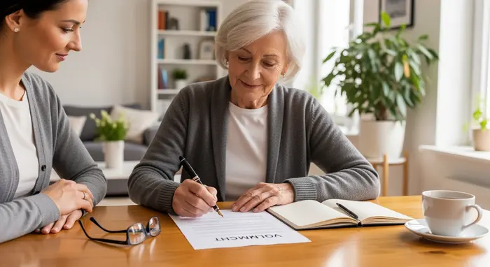 Senior unterschreibt Vollmacht zu Hause: ruhige Szene mit Füller, aufgeräumter Tisch; eine Angehörige sitzt unterstützend daneben.