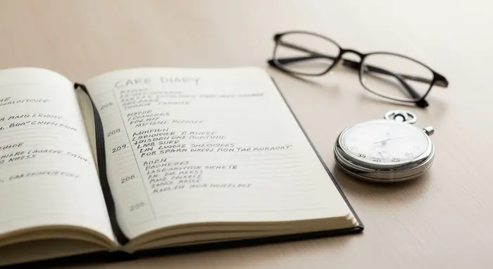 Notizbuch mit Pflegetagebuch-Einträgen ohne lesbaren Text, daneben Stoppuhr und Brille; ruhige Schreibtischszene.