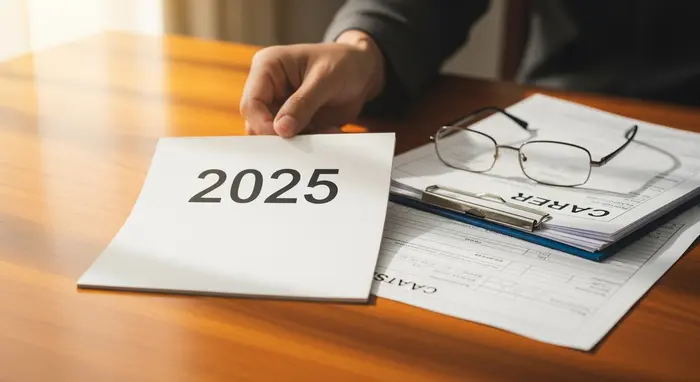 Symbolische Szene: Hand hält Kalenderblatt „2025“ ohne lesbaren Text, daneben Pflegeunterlagen und Brille auf Holztisch, warmes Tageslicht.