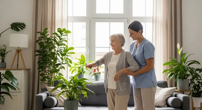 Ambulante Pflege zuhause: Pflegerin hilft älterer Dame beim Aufstehen vom Sofa, freundlicher Blickkontakt, helles Wohnzimmer mit Pflanzen.