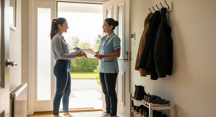 Entlastung organisieren: Tochter übergibt Pflege an Ersatzpflegekraft, freundliche Begrüßung an Wohnungstür, Tageslichtflur mit Jacken und Schuhregal.