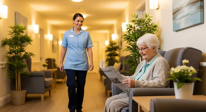 Pflegeheim-Flur mit Sitzgruppe: Senior sitzt mit Zeitung, Pflegekraft geht vorbei, warme Beleuchtung, ruhige Atmosphäre.