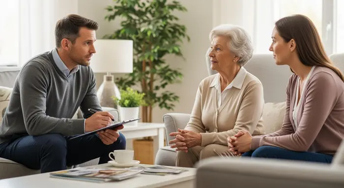 Hausbesuch: Gutachter spricht mit Seniorin und Tochter im Wohnzimmer, Klemmbrett und Stift, ruhige Gesprächssituation.
