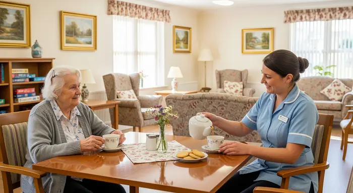 Seniorin sitzt im Gemeinschaftsraum eines Pflegeheims mit einer Pflegerin beim Tee; freundliche Umgebung, warme Farben.
