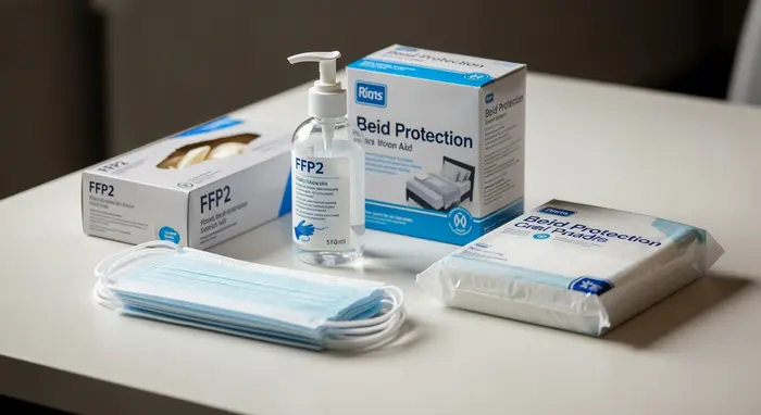 Pflegehilfsmittel auf einem Tisch: Einmalhandschuhe, Desinfektionsmittel, FFP2-Masken und Bettschutzeinlagen; sauber arrangiert.