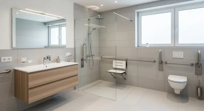 Modernes, barrierefreies Badezimmer mit bodengleicher Dusche, Haltegriffen und Duschsitz; helle Fliesen, klare Linien.