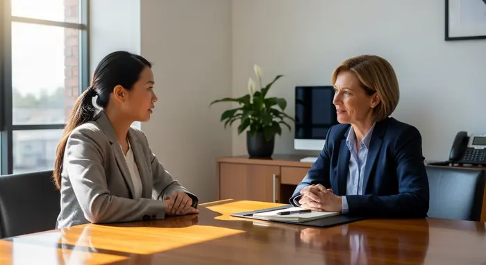 Pflegende Tochter spricht mit ihrer Arbeitgeberin in einem Büro über flexible Arbeitszeiten; respektvolles Gespräch, Notizblock auf dem Tisch.