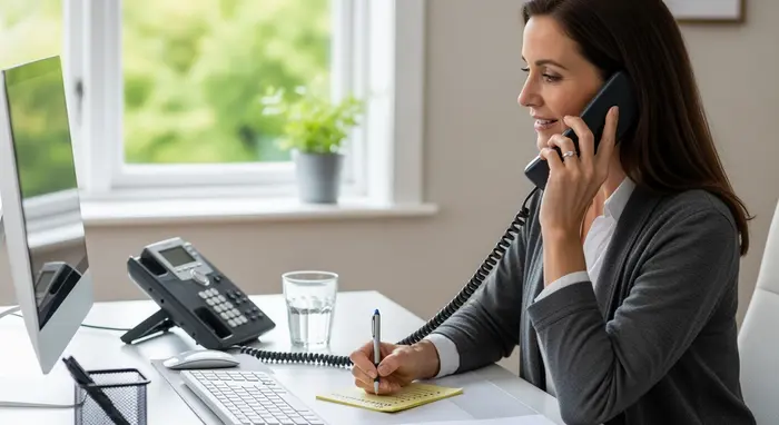 Pflegeberaterin telefoniert mit Angehörigen am Schreibtisch; Notizkarte mit Stichpunkten, ruhige Arbeitsumgebung ohne sichtbare E-Mail-Inhalte.
