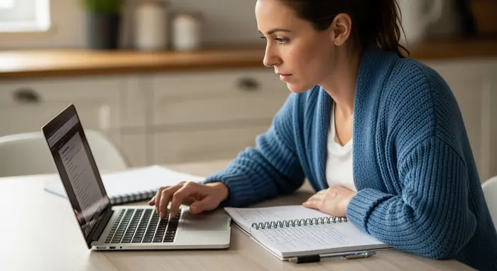 Angehörige lernt mit Laptop auf dem Küchentisch, Notizbuch daneben; ruhige Szene, konzentrierter Blick.