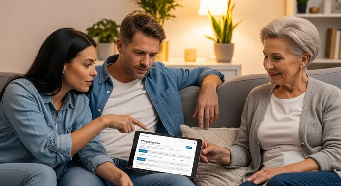 Familie sitzt zusammen auf dem Sofa und vergleicht Pflegeangebote auf einem Tablet; entspannte, kooperative Atmosphäre.