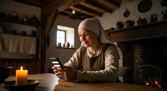 Mittelalterliche Frau nutzt eine Smartphone-App zu Hause, lächelt zufrieden; keine sichtbaren UI-Details, neutrale Oberfläche.