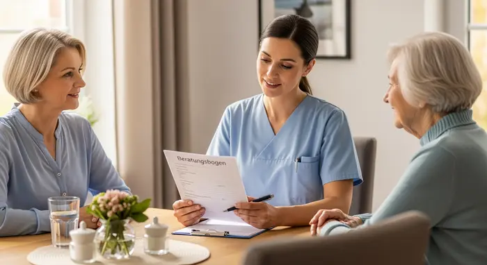 Pflegefachkraft sitzt mit Angehöriger und pflegebedürftiger Person am Esstisch, erklärt einen Beratungsbogen; freundlicher Austausch.