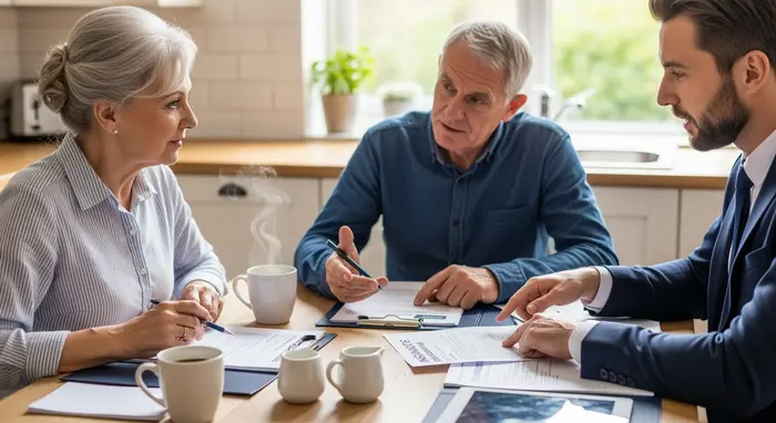 Älteres Paar sitzt am Küchentisch und bespricht Versicherungsunterlagen mit einem Berater; freundliche Atmosphäre, Kaffee auf dem Tisch.