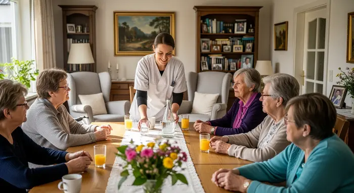 Kleine ambulant betreute Wohngemeinschaft: mehrere Seniorinnen sitzen am großen Tisch, eine Betreuungsperson bringt Getränke; wohnliche Atmosphäre.