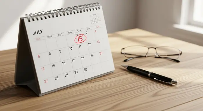 Kalender auf einem Holzschreibtisch mit markiertem Juli-Termin, daneben Stift und Brille; natürliche Beleuchtung.