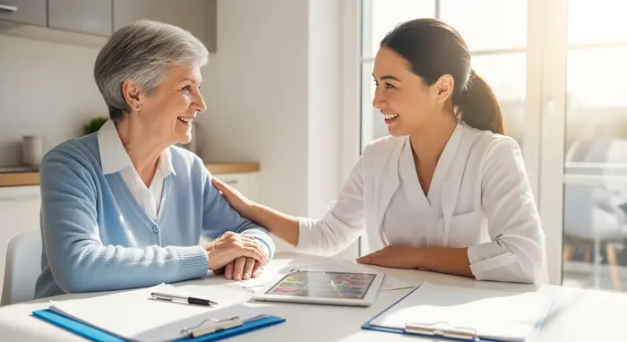 Senior und Pflegerin lächeln sich am Küchentisch an; Tablet liegt daneben, Unterlagen geordnet; helle, zuversichtliche Stimmung.